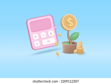 3d icon tree  plant with coin and calculator. Business profit investment. to develop marketing, finance, cartoon icon 3d render illustration.  