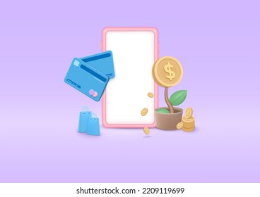 3d icon tree  plant with mobile phone and money coin. investment fund, providing money, cash loan, online payment with Credit or debit card. to develop marketing, cartoon icon 3d render illustration.