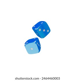 3D icon of two blue dice with white dots. Featuring a glossy, smooth surface and realistic design. This vector illustration is ideal for casino games, board games, and probability-themed projects