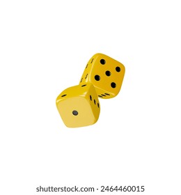 3D icon of two yellow dice with black dots. Featuring a glossy, smooth finish and realistic design. This vector illustration is perfect for gaming, entertainment, and probability-themed projects