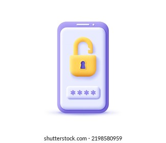 Icono 3d desbloqueado candado con contraseña en smartphone. Transformar el móvil con bloqueo para la seguridad, la protección, la privacidad y el concepto de cifrado. 3.ᵉʳ celular de ilustración vectorial realista