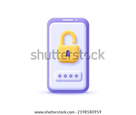 3d icon unlocked padlock with password on smartphone. Render mobile with lock for security, safety, protection, privacy and encryption concept. 3d realistic vector illustration cellphone Zdjęcia stock © 