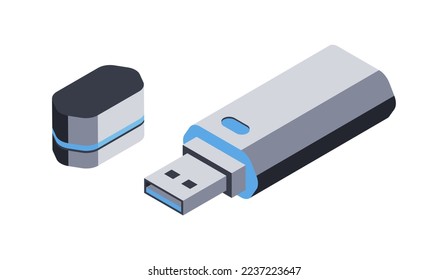 Icono 3d de memoria flash USB. gadget informático, dispositivo de almacenamiento portátil. Tecnologías digitales para el trabajo, estudio, usuarios, oficina. Objeto aislado sobre fondo blanco. Ilustración vectorial en estilo isométrico