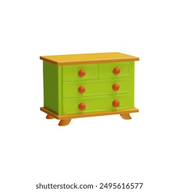 3d icon vector illustration of brightly colored wardrobe with four drawers, two small ones on top and two larger ones below. The drawers are green with red knobs, and the top and base are orange.