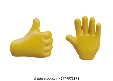 3d icon vector illustration. 3D cartoon thumb up hand gesture isolated. Hand thumb up or like sign. Vector cartoon open palm, hello gesture. Hands showing five fingers