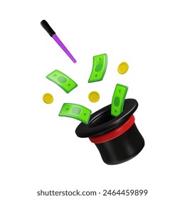 3D icon vector illustration of a magician's hat with a red band, a magic wand, and flying money and coins, symbolizing financial magic, prosperity, and success in a playful, modern style