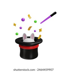 3D icon vector illustration of a magician's hat with a red band, a rabbit emerging, a magic wand, and colorful shapes, symbolizing magic, fun, and performance in a playful, modern style