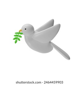 3D icon vector illustration of a white dove carrying a green olive branch, symbolizing peace, hope, and harmony in a simple, modern style