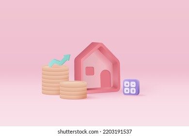 Propiedad vectorial 3D y pila de monedas en fondo rosa. ahorro de dinero para préstamos inmobiliarios, concepto de propiedad financiera, inversión monetaria. Ilustración de iconos vectoriales de casa de 3.ª