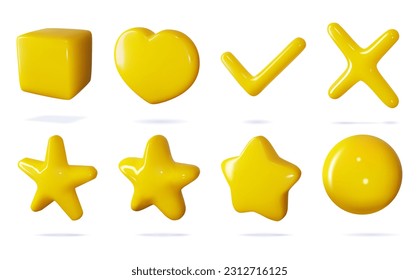 3d icon vector set of isolated sings for buttons in cartoon style. Glossy haert for like, cross and check for yes and no, shiny stars for review and rating, ball and cube as play elements.