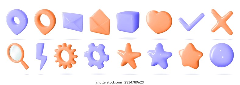 3d icon vector set of isolated sings for buttons in cartoon style. Pastel set. Settings, search, flash, map geotag concept. Haert for like, yes and no, review and rating buttons.