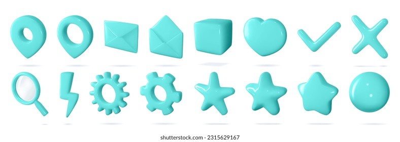 3d icon vector set of isolated sings for buttons in cartoon style. Mint set. Settings, search, flash, map geotag concept. Haert for like, yes and no, review and rating buttons.