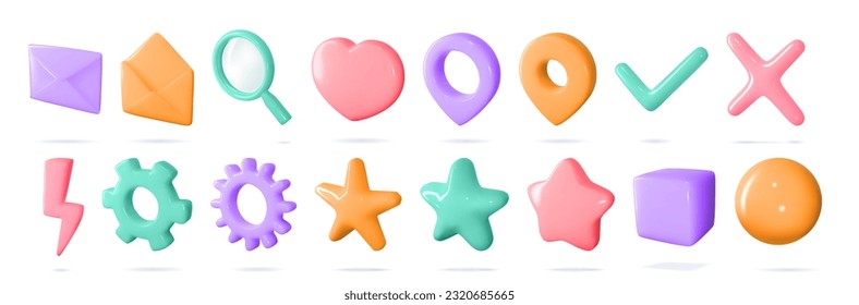 3d icon vector set of isolated sings for buttons in cartoon style. Pink purple pastel set. Settings, search, flash, map geotag concept. Haert for like, yes and no, review and rating buttons