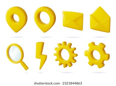 3d icon vector set of isolated sings for buttons in cartoon style. Gear for settings, magnify glass for search, lightning for charge, geotag for map.