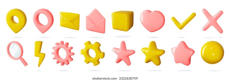 3d icon vector set of isolated sings for buttons in cartoon style. Pink yellow set. Settings, search, flash, map geotag concept. Haert for like, yes and no, review and rating buttons