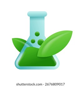 Icono 3D - vibrante frasco de laboratorio lleno de exuberantes hojas verdes, que simboliza las prácticas científicas ecológicas y la sostenibilidad