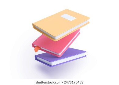 3D icon. A vibrant vector illustration of flying colorful notebooks with a bookmark. Set of school textbooks in a simple cute cartoon style perfect for education or study themes.