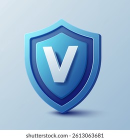 3D icon of a VPN blue shield with glossy finish, symbolizing internet security, firewall, encryption, privacy, network protection, digital safety, and trust in cyberspace. Not ai.
