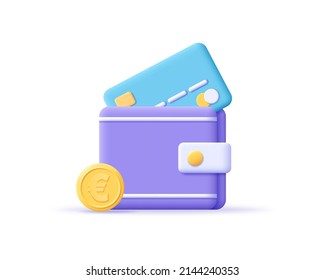 3d icon wallet with bank card and golden euro coin. Render digital wallet symbol. Concept cashback, finance and payment online. 3d vector illustration