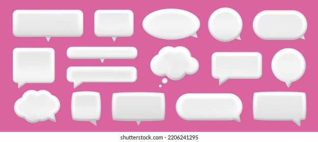 3d icon white speech bubble. Empty text bubbles in various shapes, comment, dialogue balloon vector set. Thought clouds. Isolated on purple background.