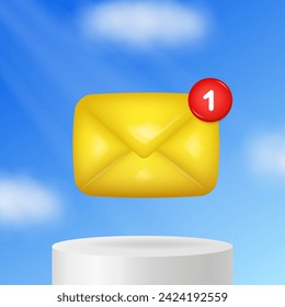 3d icon of a yellow envelope with one new message notification. White podium. Blue sky, clouds and rays of light