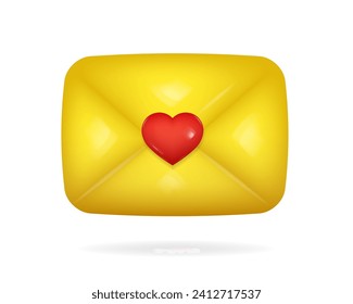 3d icon of yellow envelope with red heart on it. Love letter. New message. Happy Valentine's Day, Mother's Day, Women's Day.