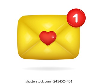 Icono 3d de sobre amarillo con corazón rojo sobre él y señal de notificación roja. Carta de amor. Nuevo mensaje. Feliz Día de San Valentín, Día de la Madre, Día de la Mujer.