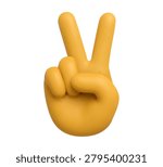 3D icon of a yellow hand showing a V gesture. A glossy victory sign representing success peace and positivity. Ideal for social media reactions messaging apps and creative digital interface design.