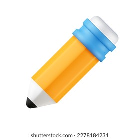 3d icon yellow pencil realistic render. Symbol of knowledge and notes cartoon style, isolated objects on white background. Vector illustration.