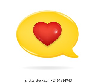 3d icon of a yellow speech bubble with red heart on it. Love chat. New message textbox. Happy Valentine's Day, Mother's Day, Women's Day.