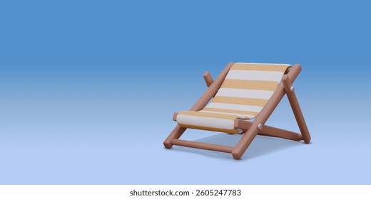 3D Icon Yellow Striped Beach Chair with Shadow. Coastal chaise lounge Summer Time to Travel. Vector stylized illustration