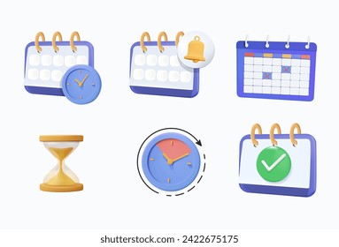 Iconos 3D sobre hora y fecha. Contiene iconos como reloj, calendario, calendario y horarios. Ilustración vectorial 3D aislada en fondo blanco