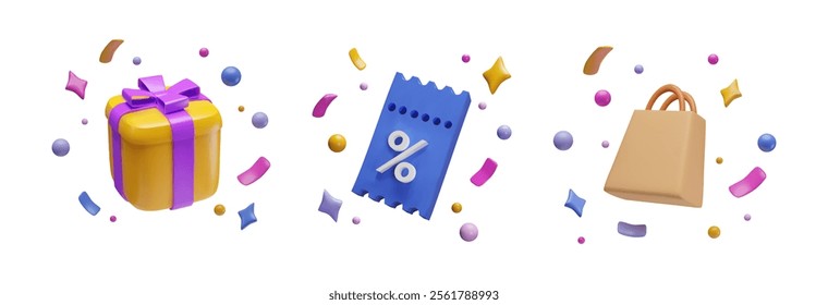 3d icons. Blue tear-off coupon, discount voucher. Percentage sign. Gold gift box with purple ribbon. Paper shopping bag. Festive tinsel. Special offer, benefit. Vector illustration on white background