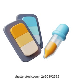 Ícones 3D de amostras da paleta de cores, cores laranja e azul e pipeta. Seleção de cores, pintura. Tema de criatividade, web design. Ilustração de desenho animado vetorial. Plano de fundo isolado.