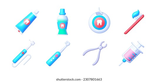 3d icons with dentistry icons 3d for healthcare design. Oral hygiene. Toothbrush, mouthwash, dental floss, toothpaste, injection. Vector 3d icons