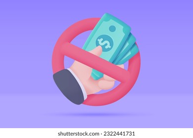 3D icons do not accept cash. online payment by credit card Cashless society. 3d illustration