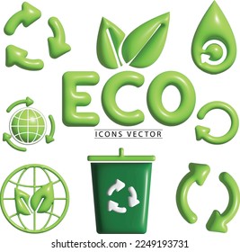 3D icons as eco Eco friendly vector, recycle, reusable, go green