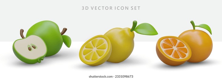 Iconos 3D de fruta fresca. Fruta entera con hoja verde y mitad cortada. Imagen aislada con sombras. manzana vectora, naranja, limón. Plantillas para diseño web