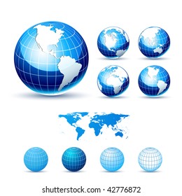 Iconos 3D: Globos de la Tierra brillante. Diferentes vistas. Elementos disponibles para realizar otras vistas. Versión de Glossy actualizada