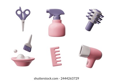 3D icons of hairdresser's tools: a bottle with a spray, a hair dryer, scissors, brush, brushing with bristles, hair dye in a bowl and a coloring brush on a white background