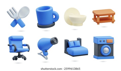 3D icons illustration set. Border of 3d household items and furniture. Fork, spoon, cup, bowl, table, chair, bed, and washing machine rendered. Vector isolated cartoon illustration