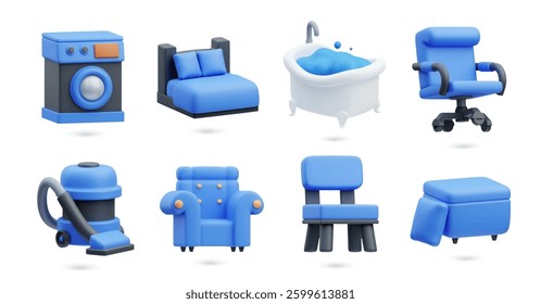 3D icons illustration set. Border of 3d furniture and household items. Washing machine, chair, vacuum, and bed, bathtub, armchair, and ottoman rendered. Vector isolated cartoon illustration