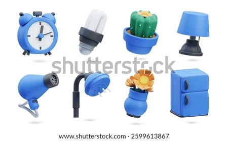 3D icons illustration set. Border of 3d home appliances and decor items. Alarm clock, light bulb, cactus, flower pot, lamp, and refrigerator rendered. Vector isolated cartoon illustration