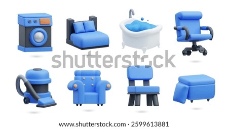 3D icons illustration set. Border of 3d furniture and household items. Washing machine, chair, vacuum, and bed, bathtub, armchair, and ottoman rendered. Vector isolated cartoon illustration