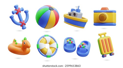 3D icons illustration set. Concept of summer vacation. Beach toys, beach ball, boat, suitcase, camera, slippers, ring, and water sports elements pattern. Colorful and fun elements render