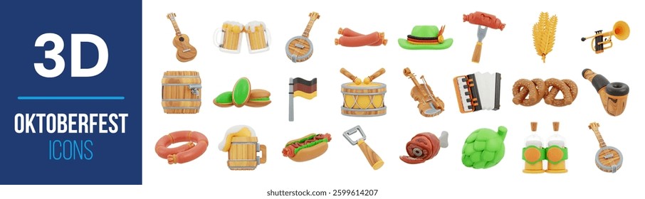 3D icons illustration set. Concept of Oktoberfest. Beer mugs, sausages, pretzels, barrels, musical instruments, hats, and festival-themed items pattern. Fun and festive elements render