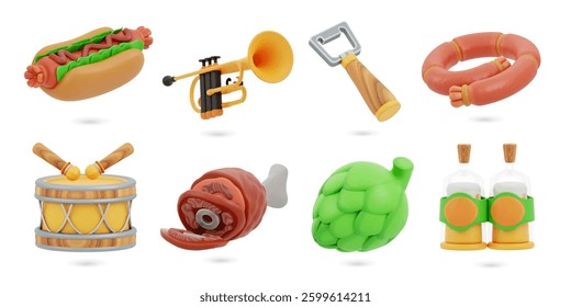 3D icons illustration set. Concept of Oktoberfest celebration. Sausages, beer, drum, trumpet, pretzel, life ring, and festival-themed items. Fun and festive elements render