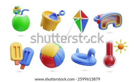 3D icons illustration set. Concept of summer fun. Beach toys, ice pops, volleyball, kite, inflatable ring, goggles, sun, and thermometer pattern. Colorful and playful elements render