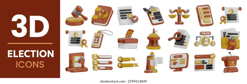 3D icons illustration set. 3d election concept. Voting tools pattern. Ballots, gavel, scales, voter ID, and political symbols rendered. Vector isolated cartoon illustration