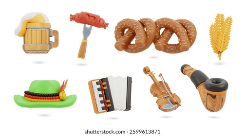 3D icons illustration set. 3d Oktoberfest celebration concept. Beer, pretzels, sausage, accordion, hat, and more rendered. Vector isolated cartoon illustration